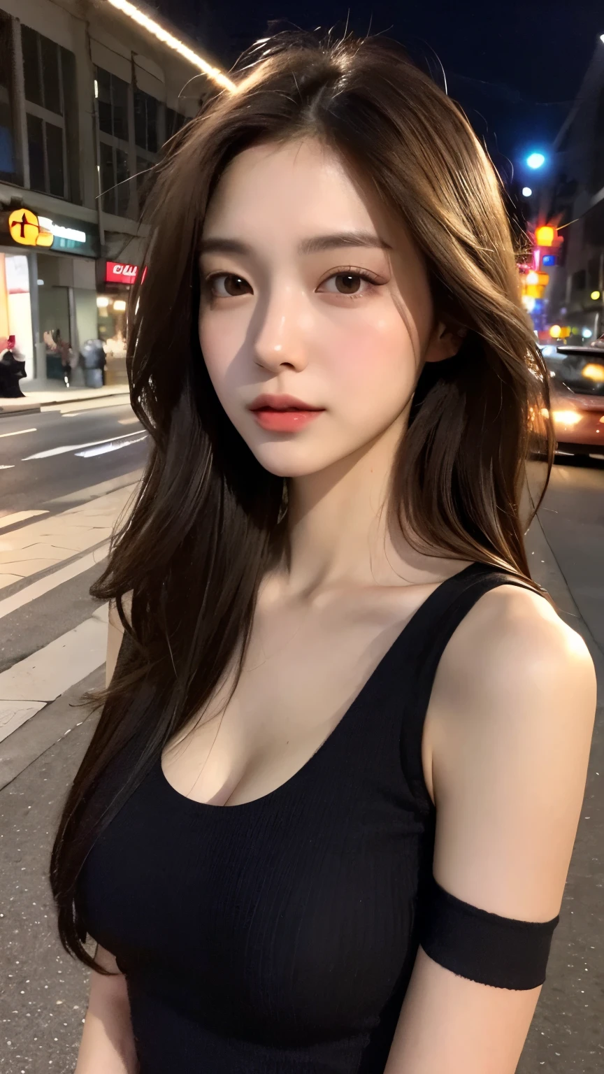 ((Best quality, 8k, Masterpiece :1.3)), Sharp focus :1.2, A pretty woman with perfect figure :1.4, Slender abs :1.2, ((Dark brown hair, Big breasts :1.2)), (Natural light, City street:1.1), Highly detailed face and skin texture, Detailed eyes, Double eyelid
