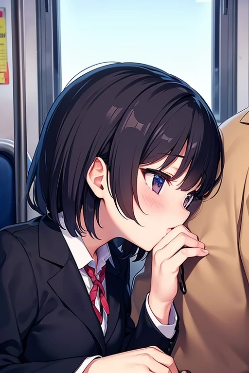 A girl with erect nipples, black short bob hair, small breasts and pale pubic hair is crying and unwillingly on a train while being forced to hold his penis by a molester.