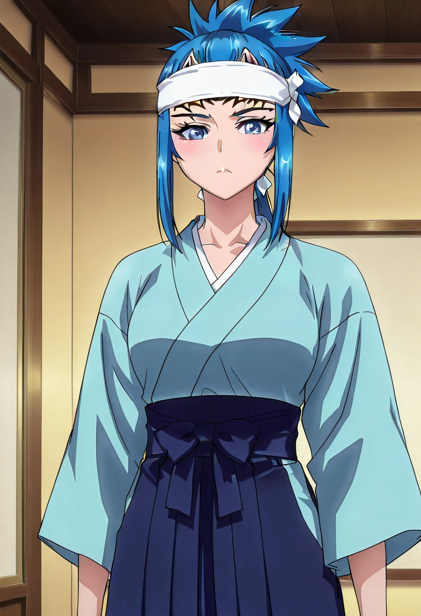 masterpiece, best quality, intricate details, anime screencap, anime coloring, , looking at viewer, , 1lady, solo, female Tall focus,  renji_abarai, blue hair, blue eyes, spiked hair, long hair, ponytail, white headband, blue kimono,blue hakama​,​