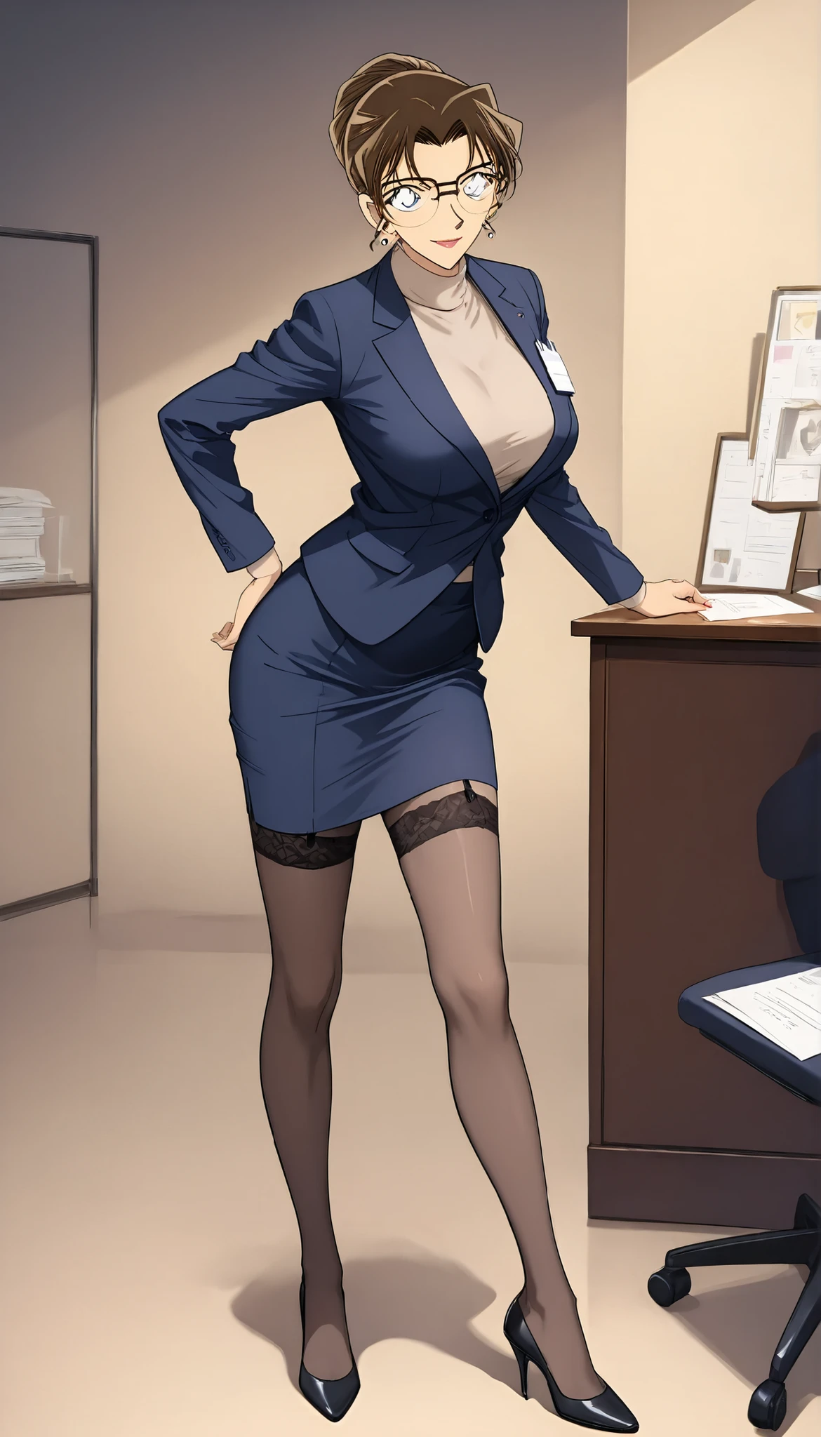 ((high detailed, best quality, 4k, masterpiece, hd:1.3)), BREAK night, window, moonlight, landscape, (in office), indoors, business office, office workers working in the office, many people are busy working, window, desk, chair, computer, ceiling light, Rosalina standing posing, BREAK neon blue eyes, seductive, attractive, sexy smile, smiling, smooth anime cg art, 36C breasts, (long fitness legs), vivid colors, detailed digital art, slim body, perfect skin, blonde hair, long hair, BREAK crown, cleavage, 36C cleavage, BREAK looking at viewer, extremely detailed face, navy_blue necktie, blue jacket, black shirt, blue pencil skirt, full body, (blue high heels), earrings, gem, dark black makeup lips, dark gothic eyeshadows, dark eyeshadows, black eyeshadows, black sexy lips, black lips, (dark:1.2), dark lips, very dark lips, (perfect hands, perfect anatomy), black makeup, detailed fingers, five fingers per hand, 5 fingers, (1 girl), detailed lips, detailed black lips, black painted lips, gothic painted lips, (breast focus), (breasts out:1.3), (from below:1.25), (hands behind the head:1.3),