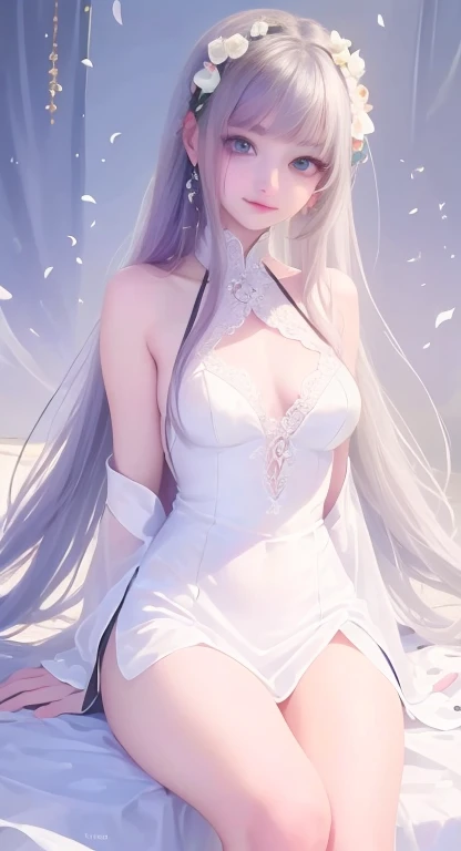 a women, white hair, purple eyes, white dress