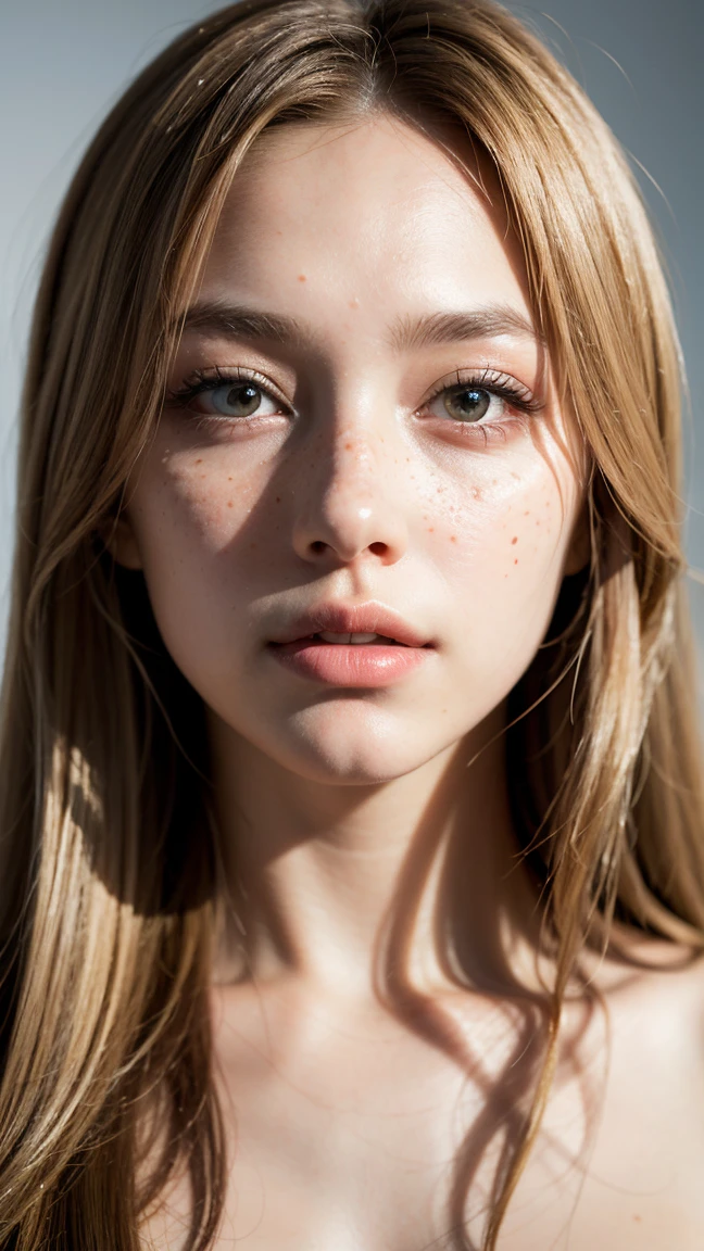blond woman with freckles and freckles on her face, light falling on face, young woman's face, color portrait, woman with freckles, woman's face looking off camera, freckled pale skin, young female face, infp young woman, light cute freckles, freckled face, soft portrait shot 8 k, soft shadows on the face, youthful face, light freckles