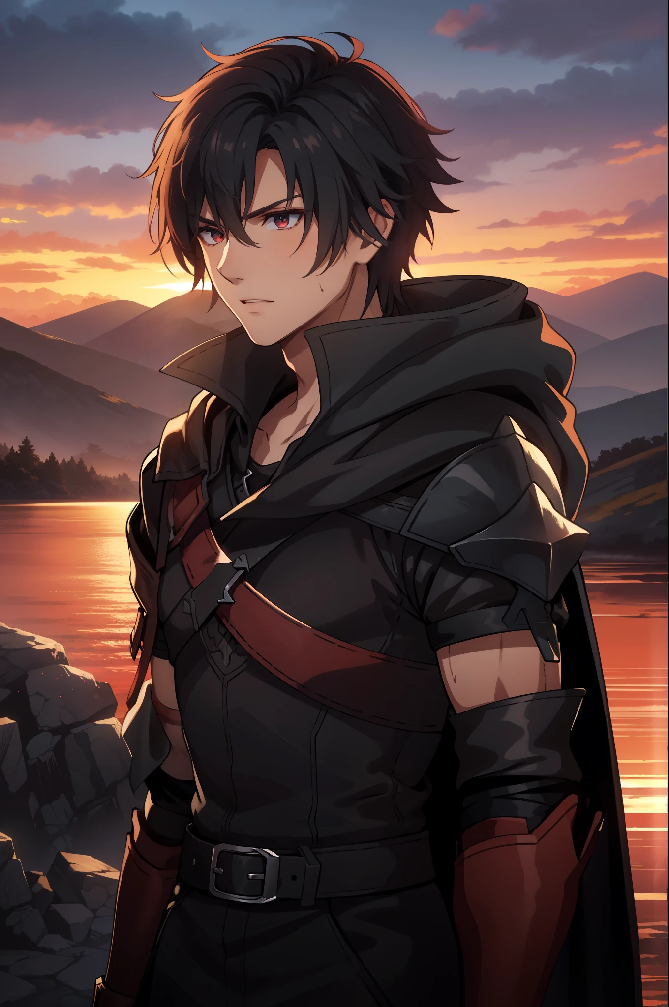 (high-quality, breathtaking),(expressive eyes, perfect face) 1boy, male, solo, young adult, Symmetrical Eyes, portrait, black hair, red eye color, short hair length, messy loose hair, neutral expression, soft smile, white shirt, black cloak red trim, fantasy attire, adventurer profession, sunset sky, red sky, armor, cape, embers, smoke, god of war, red terrain, fire, battlefield background