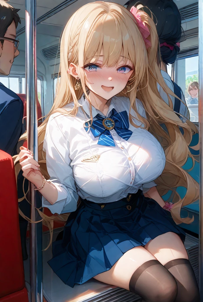  (Highest quality, 8K, 4K, High resolution, masterpiece:1.2), Very detailed, Anime Style:0.9, Realistic, Bright colors, Written boundary depth, Blurred Background,  alone, 1 female, (blonde, Long Hair, Dark brown eyes), Beautiful facial details, Beautiful Eyes, Long eyelashes, Soft lips, (Small face), (smile:1.3), Rear View,  ((uniform:1.2,  )), train, (Sit with your legs apart), Lace Underwear, Big cleavage, Expressions of ecstasy, Sweat, Blushing, My body is soaked, Wet Panties, Cloudy semen splattered on her chest,