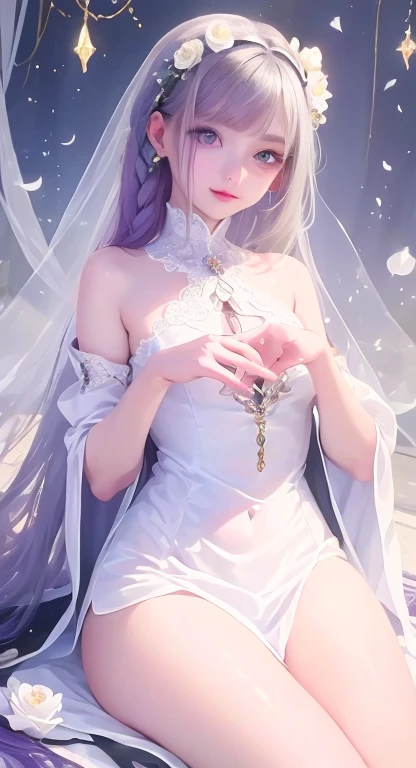 Top Quality, Very Detailed, Masterpiece, Super Detailed, (Realistic: 1.2), 1 Girl, (White Background), Simple Background, Delicate Eyes, Silver Hair, Purple Eyes, hair_ornament, (White Micro Bikini), Long Hair, pointy_ears, crown_braid, Smile, Straight Hair, (++ Sitting: 1.2), Big Breasts,