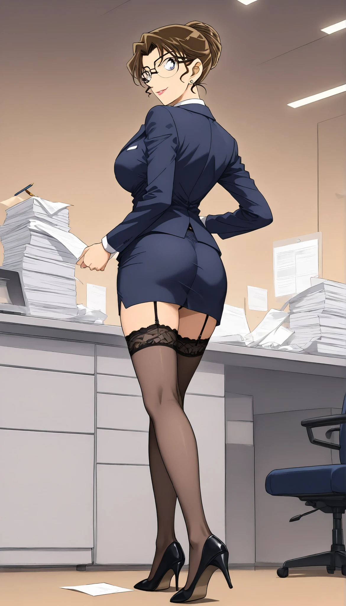 score_9, score_8_up, score_7_up,meitantei conan style,BREAK,1girl,solo,mature female,milf,kisaki eri, glasses, hair bun, single hair bun, brown hair, earrings, jewelry, lipstick, breasts, large breasts, medium breasts,BREAK,closed clothes,(suit,pencil Skirt),black panties,thong, black garter belt,black garter hose,high heels,BREAK,smile,standing,BREAK,indoor, President's office,full body,back view