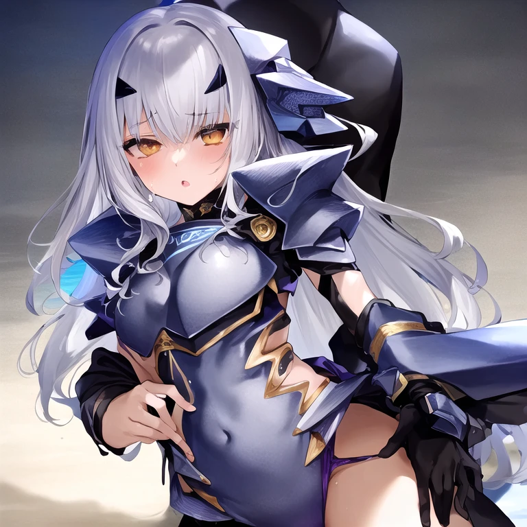(high quality,4k,8k,highres,masterpiece:1.2),silver hair,yellow eyes,revealing armor, embarrassed.