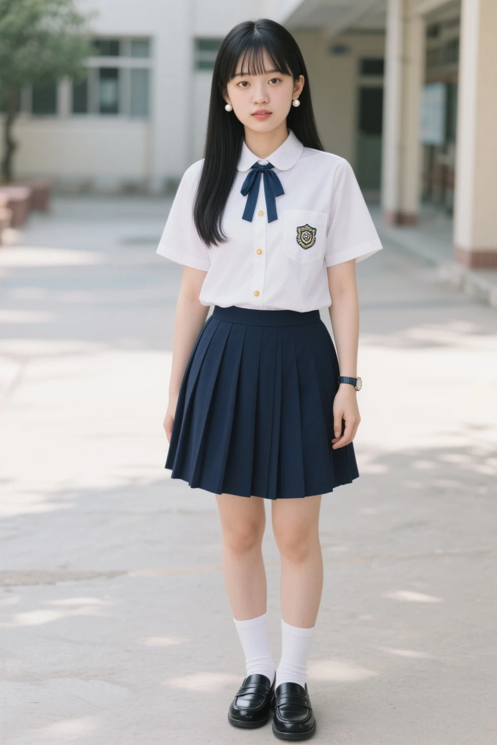 A young girl wearing a school uniform is the focus of this image. She stands out among her peers with her neatly ironed clothes and polished shoes, exuding an aura of elegance and discipline. The image appears to be a photograph that captures the essence of the girl's poised and studious nature. The clarity of the image allows for intricate details to be observed, such as the impeccable stitching on her uniform and the crispness of the pleats in her skirt. It is evident that the photographer has successfully portrayed the girl's youthful innocence and the sense of purpose that emanates from her.