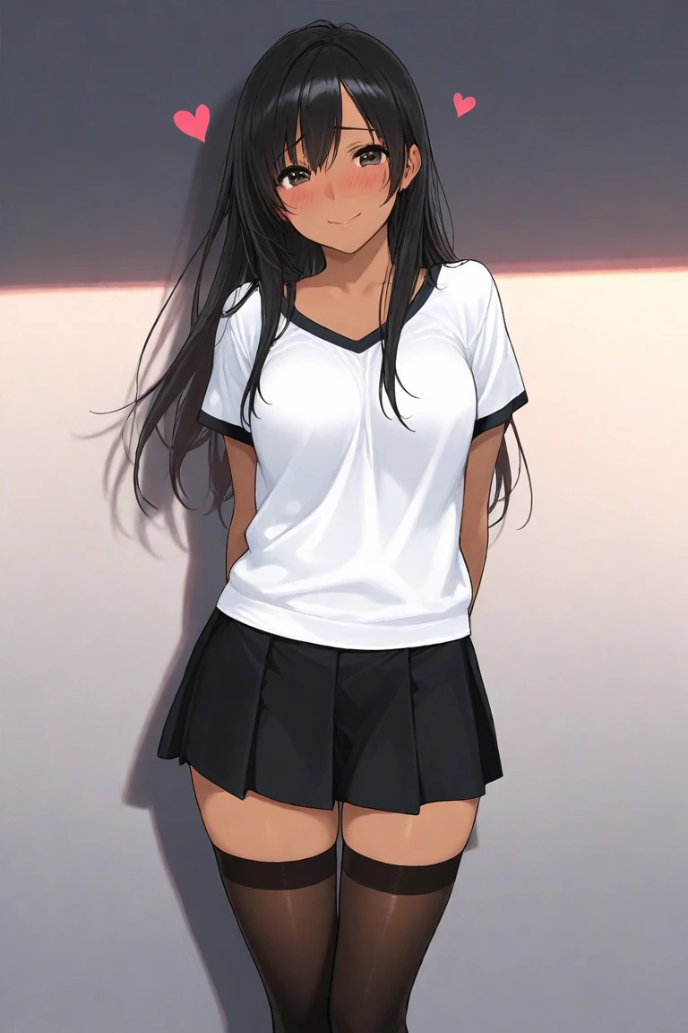 Low, dark-skinned girl with black braided hair, brown eyes in a white T-shirt, black skirt and stockings