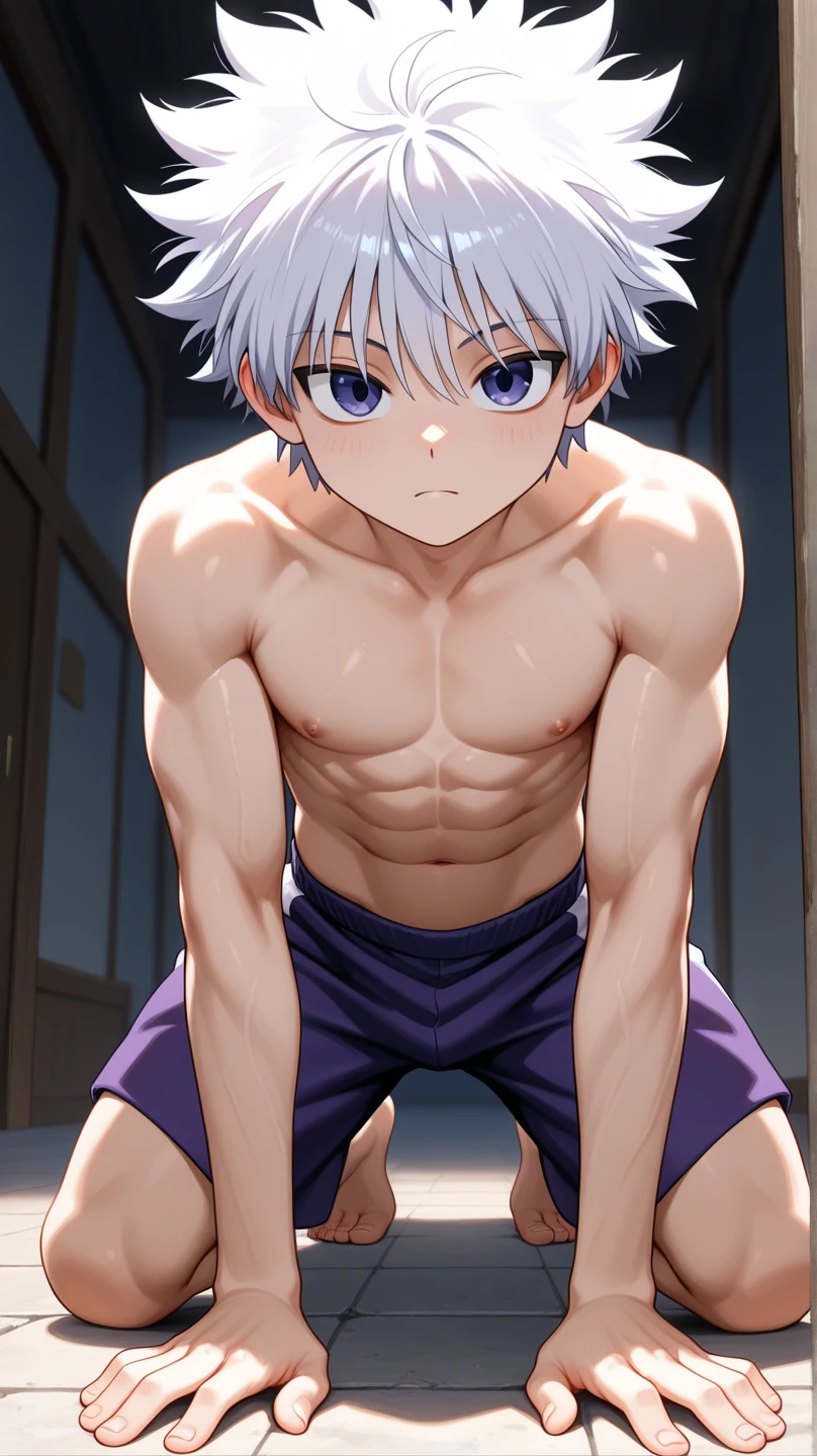 masterpiece, best quality, high quality, 1boy,10yo, , duo, male focus, full body, looking at viewer, white hair,spiky hairstyle, short hair, steam smork, japan style, anime coloring, shy, home muji style, detailed face, topless, white towel on waist,white silk, sit on tatami