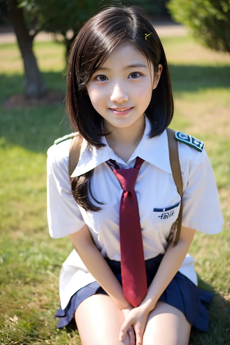 (8K),(masterpiece),(Japanese),(8-year-old girl),((Innocent look)),((Childish)),from the front,Sailor suit,Checked black short skirt,(Carrying a red backpack),smile,cute,Innocent,Kind eyes,Straight hair,Hair blowing in the wind,Black Hair,Somewhat strong wind,noon,bright