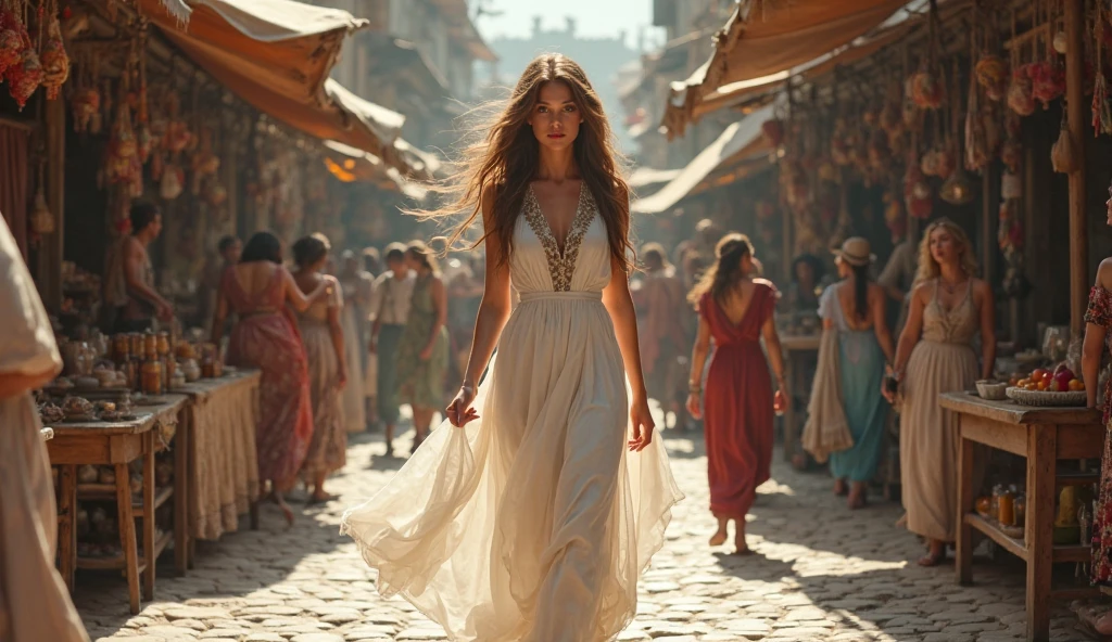 1 girl, Medieval woman in transparent dress, walking down the street