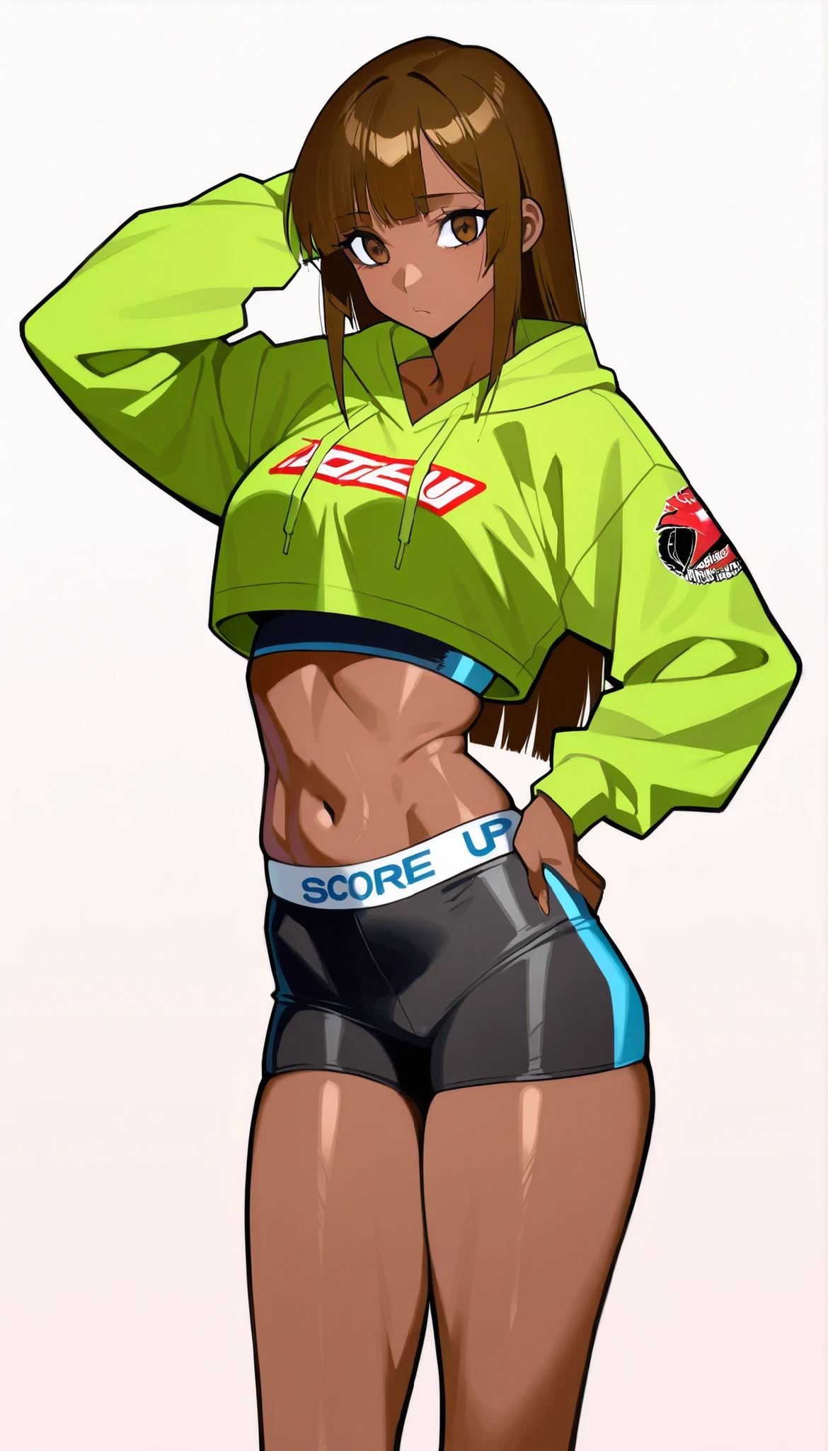1 girl, solo, anatomically correct, short hair, curly hair, intense curls, cyan colour hair, green hair, beautiful blue eyes, medium sized boobs, small waist, wide hips, hourglass figure, Juicy thighs, wearing a short sports bra, side boob, turtle neck sports bra, bare shoulders, bare arms, mini skirt, sexy skirt, knees, stockings, stockings squeezing her thighs, sexy pose, 8k, best quality