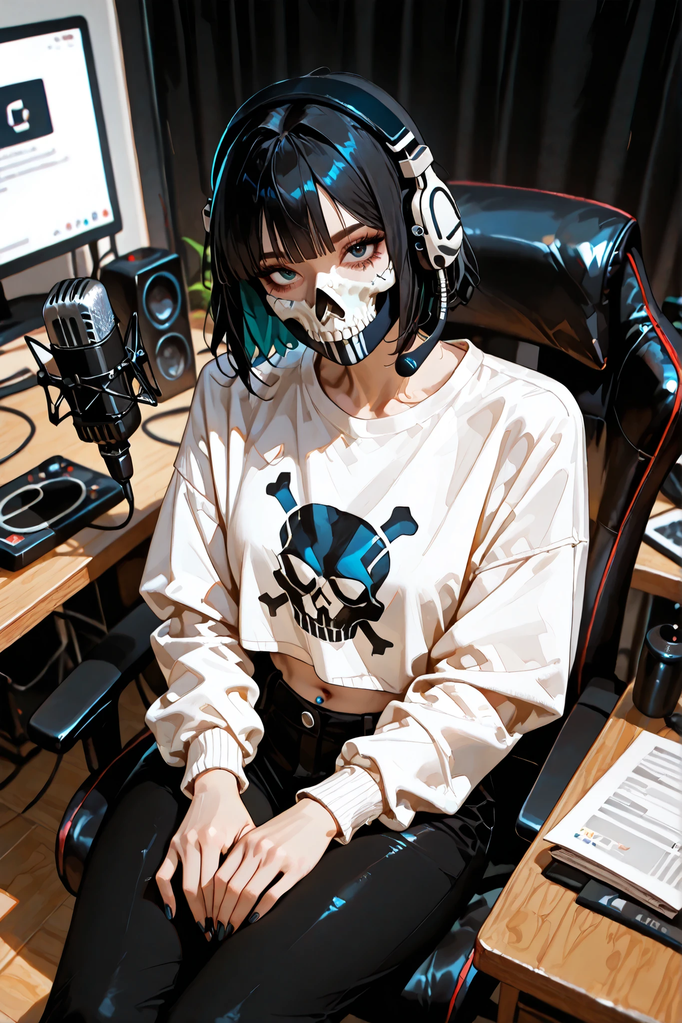 (SuperQuality:1.0) ~ (SuperQuality:1.2), detailxl, girl, Solo, High Resolution, Best Quality, High Details, Super Detailed, studio, podcaster, ((podcast microphone)), ((podcast headset)), sitting, simon_riley, skull_mask, white oversize shirt, short hair, black hair, black pants, belly piercing, long nails, black nails, looking at viewer, dark background, view from above,