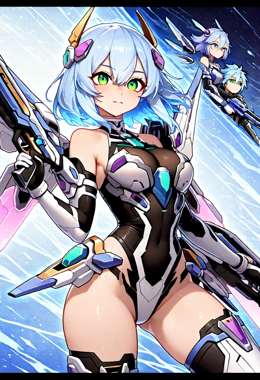 One girl, Mecha Girl, Side Tail, Purple Hair, Green Eyes, (Huge hips),(A pose that shows the viewer her buttocks), White Background, (highest quality, masterpiece, High resolution, detailed), anime style, Flat Style, (Bright Eyes, beautiful detailed face), break, extremely detailed, floating, (High saturation), whole body, Turn around, Dynamic Angle, anime style,anime、(Simple Background)、whole body