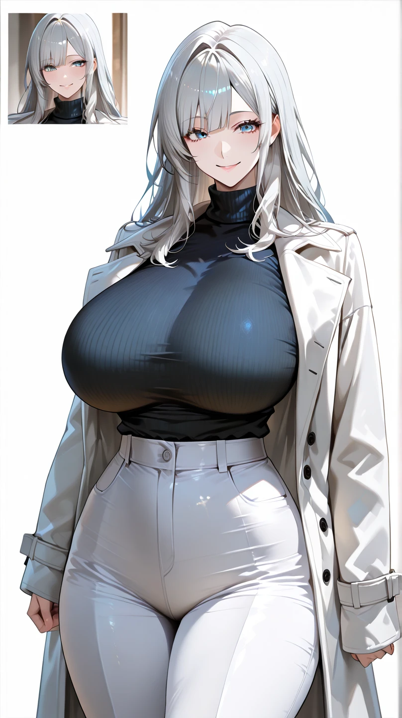 18 year old girl, Long white hair, soft blue eyes and sky, black hooded robe, White shirt, black tie, Black pants. big breasts, curvilinear, Muslona, nalgona and attractive