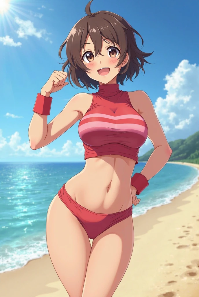 1girl, best quality, masterpiece, <lora:seoyuzuki2:1>seoyuzuki, 1girl, swimsuit, solo, bikini, brown hair, brown eyes, ,, low side ponytail, navel, orange bikini, , large breasts, looking at viewer, short hair, , cowboy shot, beach, scrunchie,