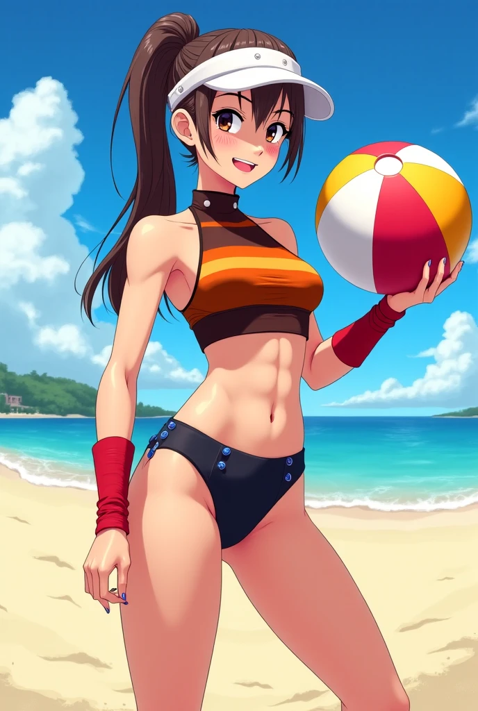 <lora:toriy4m4_v4-000007:0.65> a masterpiece, highly detailed, highest quality, original art full color anime frame of standing 1girl beautiful with short black hair with pigtails in bikini smiling, playing volleyball, feet in the style of akira toriyama