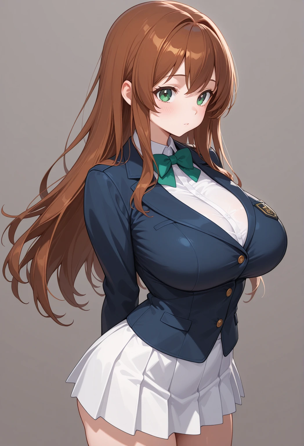 Adult female, Long brown hair, Green Eyes, White formal wear, Pomade, smile, masterpiece, high quality,Big Breasts