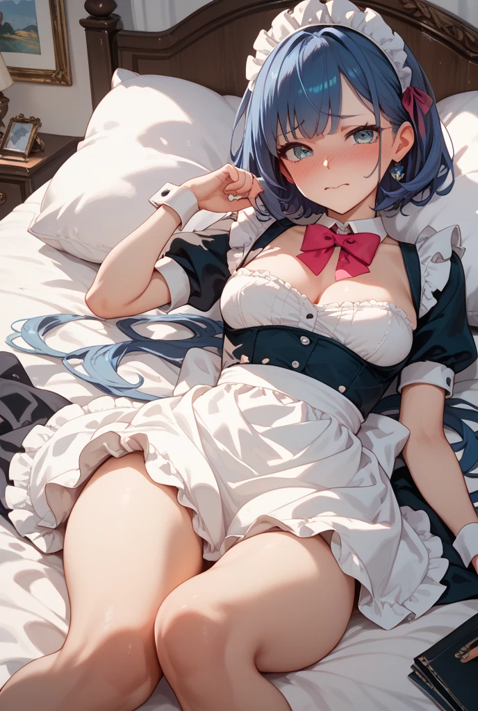 beautiful, masterpiece, Highest quality, アニメ, One girl, C Cup,Portrait Shot, View your viewers, Covered、Short Hair、nearby、blue eyes、art、、White hair,Blue streaked hair、wallpaper、hairpin、Cute smile、Thighs、Cute、Good、Panties、Lying on your back、How