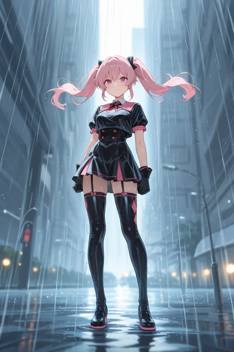 A lot of umbrellas in the backpack, thick eyebrows, huge backpack, rain pattern, bikini and corset fusion, (dark skin: 1.3), brown skin, movie lighting, small breasts, beautiful light pink hair, rabbit ears, (masterpiece), ((best quality)), (super detailed), glossy skin, full body anime girl, clean and detailed anime face, high resolution anime eyes, five fingers, Textile shading, perfect human structure, perfect anatomy,
