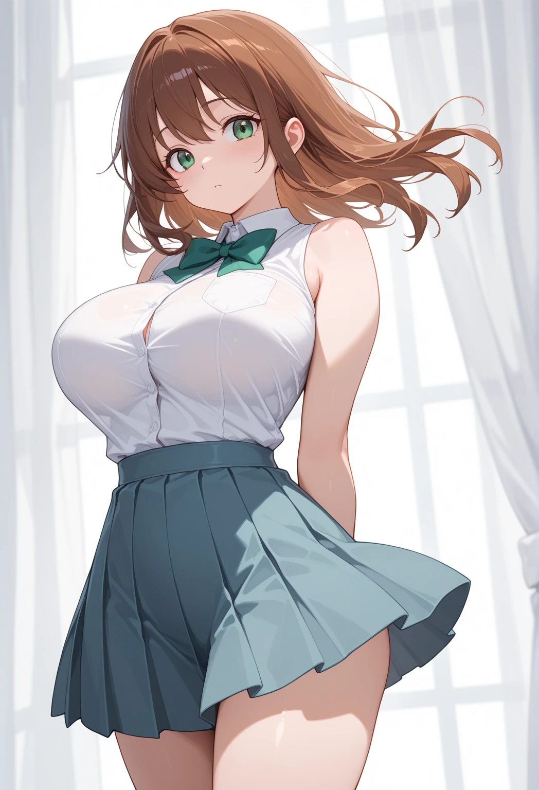 In 8K, highest quality, real image, intricate details, super detailed, Super high resolution, depth field,(Photoreal,realistic:1.2),masterpiece, 0.25 :: Close-up , Frontal shot , From the middle , 1 girl, Eye_Chan, very beautiful 17 year old girl, innocent big eyes, (Brown_short_hair), (green_eye:1.0),(前hair),dishevled hair,(hair clips), perfect shiny skin, perfect skin, fair white skin, huge breasts, cleavage, thin waist, light blush, solo, looking at the viewer, light smile, perfect five fingers, chubby under clothes、Sweat、 wear((School_uniform)、(white_skirt)、(green_length_tie)、(green_pleats_skirt)、(black_pantyhose:1.2)、 (sculpture installation:1.1)、 Sunset High School in Japan ,skirtを手でめくり上げる、Show white panties、Pull up your skirt and show your panties、big breasts、Functional、Show white panties through stockings、skirtをめくる、skirt flipping、Roll up your scarf with your hands、show underwear、Show off your pants with your own hands、Panty shot、barefoot、open your legs、spread legs、barefoot、wide open legs、Panties digging into the crotch、Raise one leg slightly