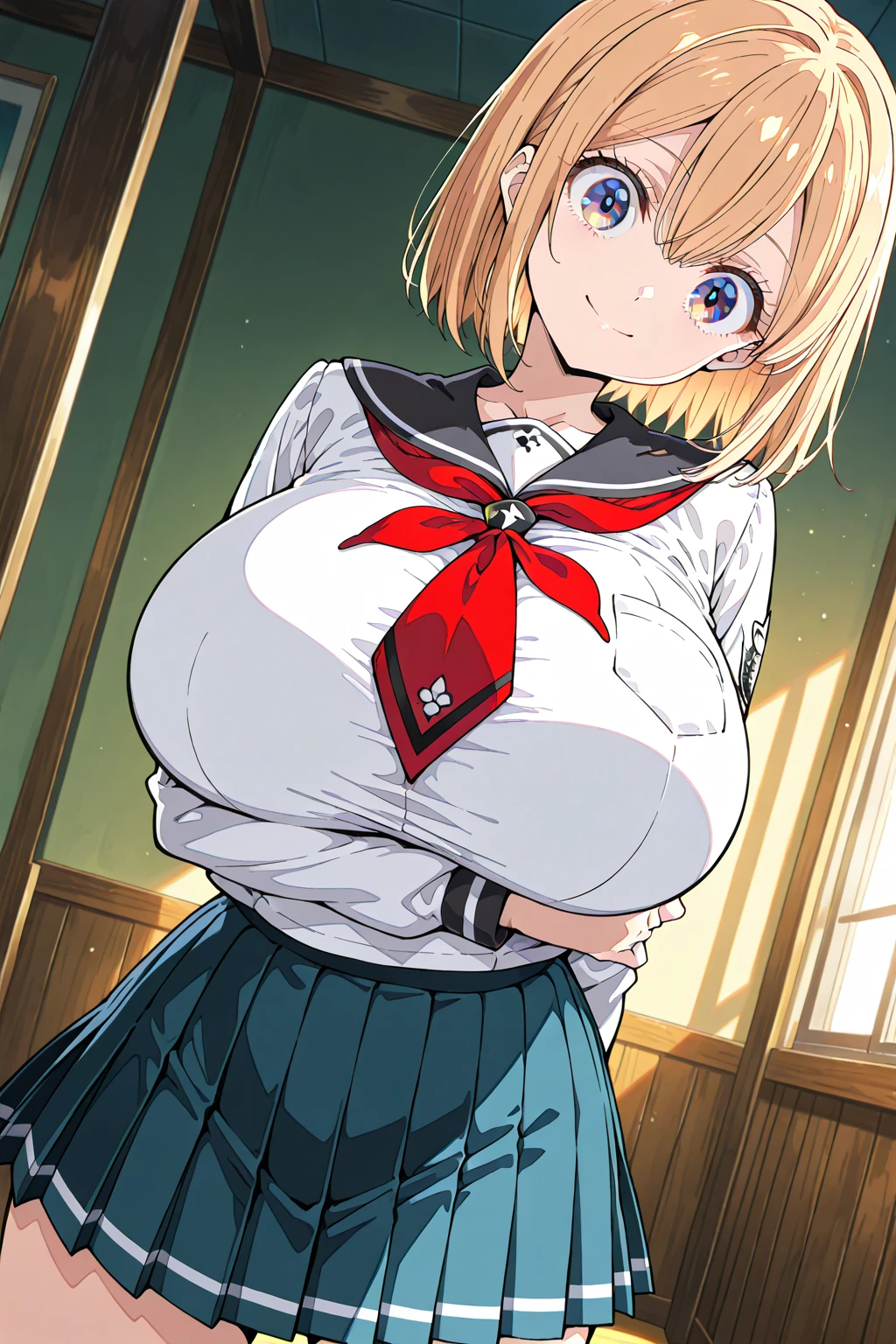 score_9, score_8_up, score_7_up, source_anime,1girls,chisato nishikigi, short hair, bangs, blonde hair, red eyes, hair ribbon, one side up, bob cut, smile, shirt, long sleeves, dress, ribbon, white shirt, collared shirt, belt, neck ribbon, (red dress), blue ribbon, pleated dress, grey dress, two-tone dress, red belt, lycoris uniform, large breasts, half updo, japanese style room, tatami, futon, night, 1boy, paizuri, , facial, seductive smile, steam, (sound effects), uncensored, motion lines, trembling,((open shirt)),uncensored,rating explicit,penis,(motion blur around breasts with titsjob:1.38), pov, open mouth
