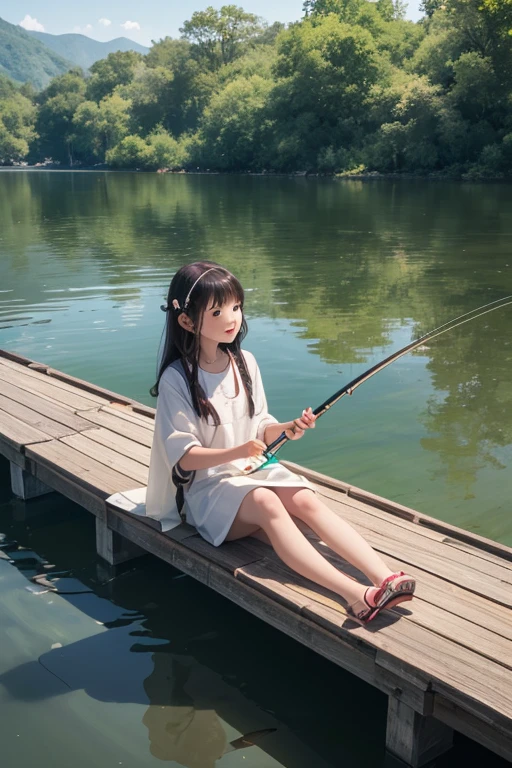 Beautiful girl fishing for squid