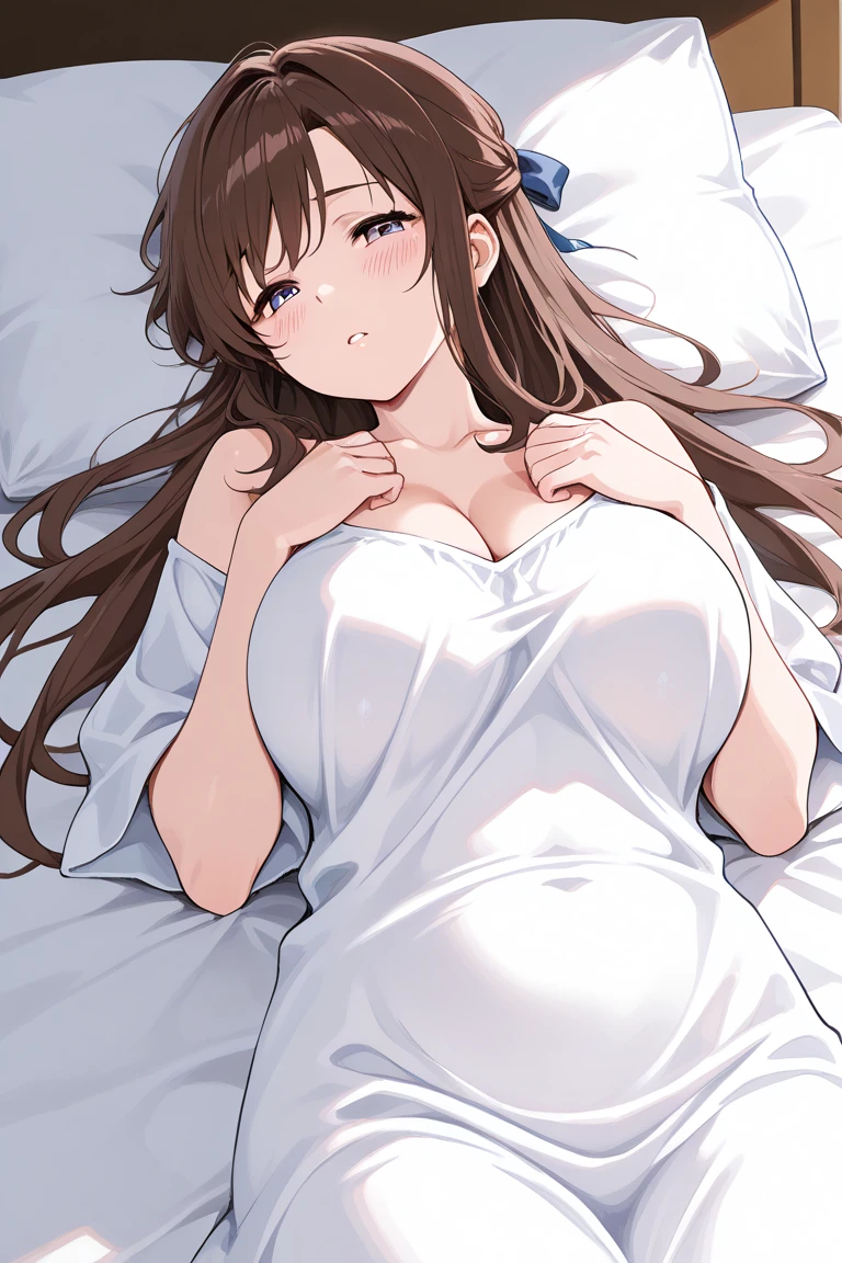 wake up, Cowboy shooting, Large Breasts、Cover your body with a sheet, Cover her chest with a sheet、Cover your chest and with your hands、Dark brown hair, frog sitting on floor, Open your legs, on the bed、 whole body, Looking at my chest, ((pout)), blush、masterpiece, best quality, Very detailed, Finer details, Anime style, one person'S, 22 years old, Cute face、Lower breasts, Tight waist、beautiful eyes、Dark brown hair, Brown hair、Shiny hair, Light brown eyes、morning、Natural sunlight、lens flare、Luxury hotel rooms、Topless、Turquoise、