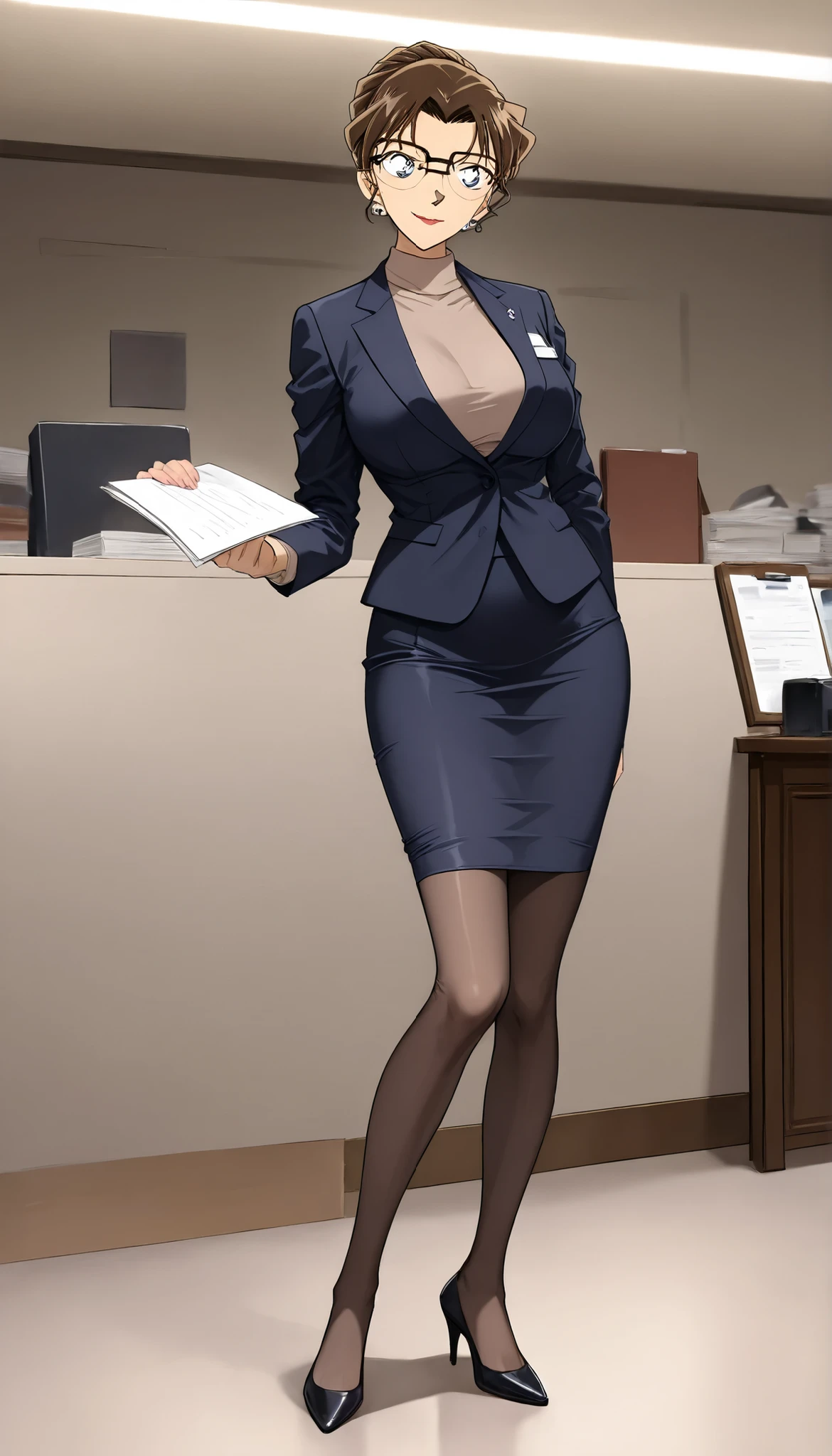 score_9, score_8_up, score_7_up,meitantei conan style,BREAK,1girl,solo,mature female,milf,kisaki eri, glasses, hair bun, single hair bun, brown hair, earrings, jewelry, lipstick, breasts, large breasts, medium breasts,BREAK,closed clothes,(suit,long tight Skirt),black panties,thong, black garter belt,black garter hose,high heels,BREAK,smile,standing,BREAK,indoor, President's office,full body