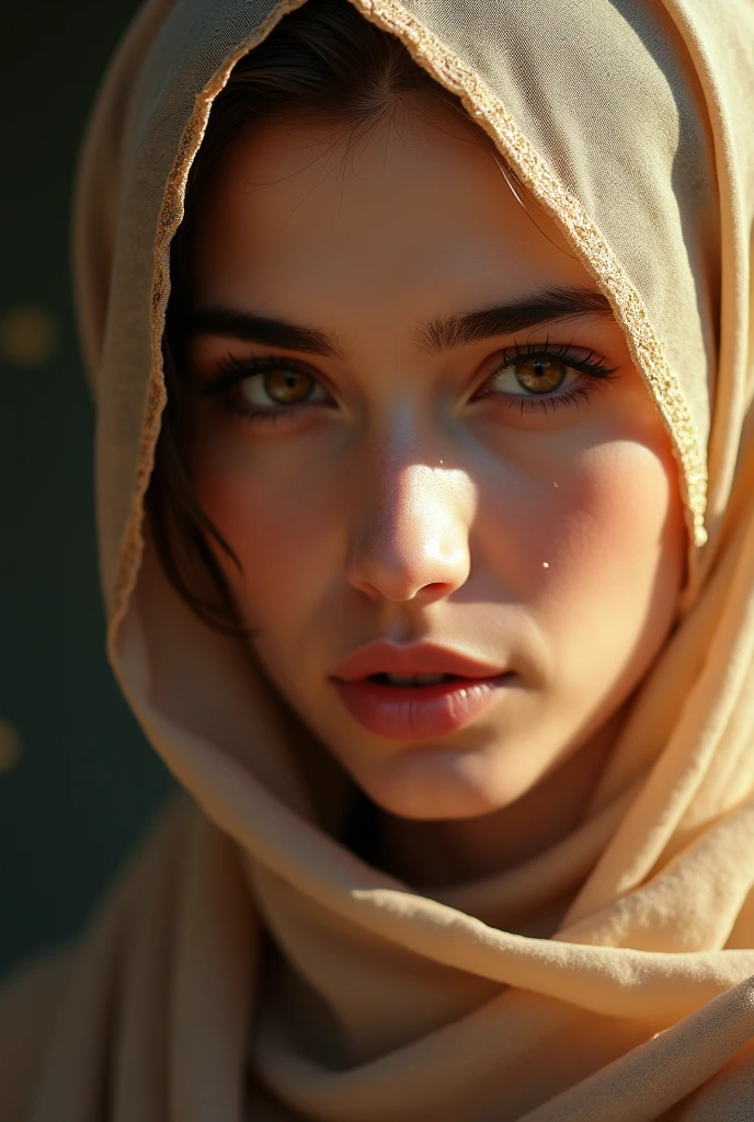 a hijab-wearing woman, beautiful detailed eyes, beautiful detailed lips, extremely detailed face and skin, long eyelashes, ornate hijab, serene expression, natural lighting, warm color tones, cinematic composition, highly detailed, hyper realistic, masterpiece, 8k, photorealistic