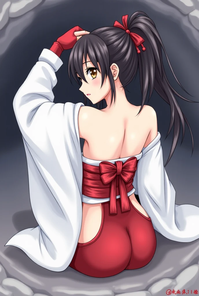 1girl,Red sexy ninja clothes,Handheld fan,Bare shoulders,breast,Brown eyes,Brown hair,Hand fan,High Ponytail,大breast,Ponytail,Reveal Clothes,shiranui mai,solo,Standing