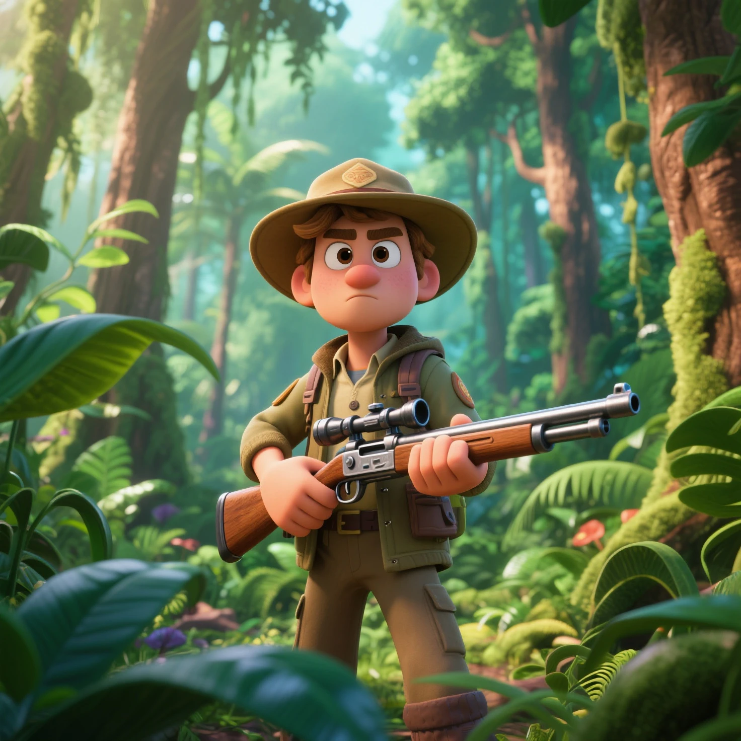 **Image Prompt: Oakley - The Enchanted Explorer**

*Physical Features:*
Generate an image of a spirited 10-year-old boy named Oakley with tousled, sun-kissed blonde hair falling in gentle waves. The strands peek out from underneath his well-worn hat, adding an untamed charm to his appearance.

*Eyes:*
Capture Oakley's wide, hazel eyes that express curiosity and wonder. The deep, earthy hue should reflect his keen sense of observation, with a subtle spark that intensifies as he delves into the mysteries of the Enchanted Forest.

*Clothing:*
Illustrate Oakley in a cozy, moss-green explorer's jacket adorned with pockets. Include faded details and a tucked-in map to convey his love for exploration. Depict him in sturdy, earth-toned pants for easy movement through the forest.

*Accessories:*
Render Oakley's well-worn explorer's hat perched atop his head, its brim slightly curved from numerous journeys. Add feathers as embellishments, showcasing tokens collected from the Enchanted Forest's avian inhabitants.

*Footwear:*
Illustrate Oakley in weathered boots adorned with imprints of leaves and symbols, narrating silent stories of his ventures. Pay attention to the details to convey the character's journey through enchanted trails.

*Explorer's Tools:*
Include a wooden staff intricately carved with symbols representing the forest's elements. Attach a small pouch to his belt containing enchanted crystals emitting a soft glow, emphasizing his connection with the magic of the Enchanted Forest.

*Expression:*
Capture Oakley's face adorned with a radiant smile, radiating joy and excitement from his heart. Showcase subtle furrows in his brows, reflecting determination when faced with challenges, portraying a resilient spirit eager to overcome obstacles.

*Posture:*
Illustrate Oakley with a confident yet humble posture, standing tall as a beacon of curiosity and courage within the mystical realm. Convey the essence of a young explorer poised to embrace the wonders that 