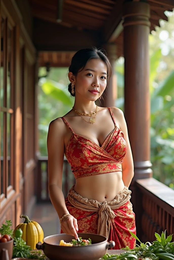 (best quality,4k,8k,highres,masterpiece:1.2),ultra-detailed,(realistic,photorealistic,photo-realistic:1.37),foto,portrait of 35-year-old woman,belonging to,sexy big breasts plump body,photo with sensual and seductive expression face, wearing a sexy knee-lenght batik sarong kemben, with a background of traditional Balinese house,Balinese traditional house,traditional Bali house,brightly colored,ornate building,garden surrounding the house,traditional Balinese architecture,tropical plants,green and lush,decorative Balinese entrance gate,artistically carved wooden door,affectionate expressions,detailed facial features,beautiful detailed eyes,beautiful detailed lips,extremely detailed eyes and face,long eyelashes,vivid colors,Balinese color palette,warm tones,tropical hues,multi-generational family,happy and harmonious atmosphere,Nyepi decorations,Balinese arts and crafts,religious motifs,Frangipani flowers,floral offerings,Balinese culture,authentic Balinese atmosphere,peaceful ambiance,generational bond,joyful memories,love and togetherness,memorable family time,family heritage and tradition.