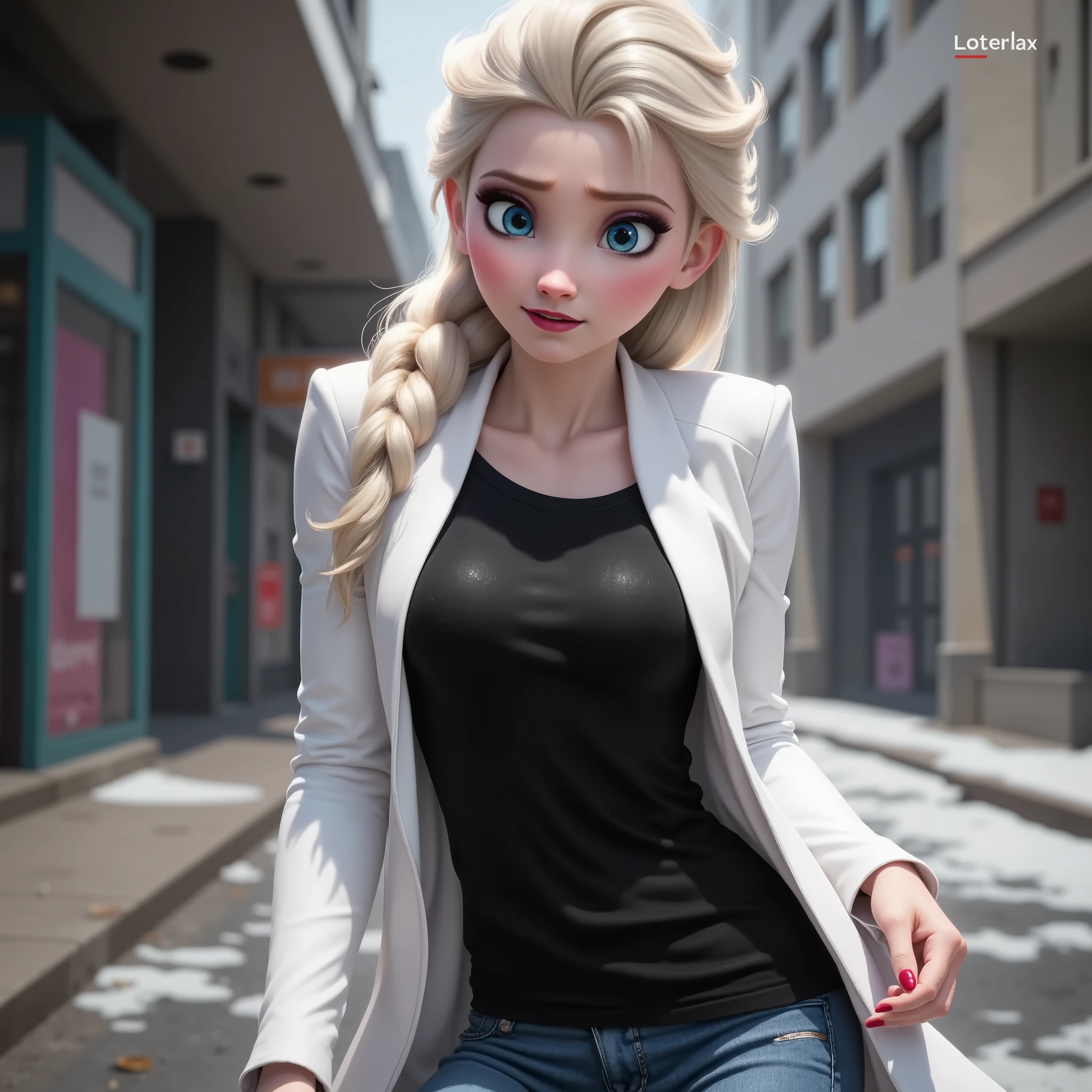 Elsa has a black shirt and white jacket, And she's wearing jeans..Get out