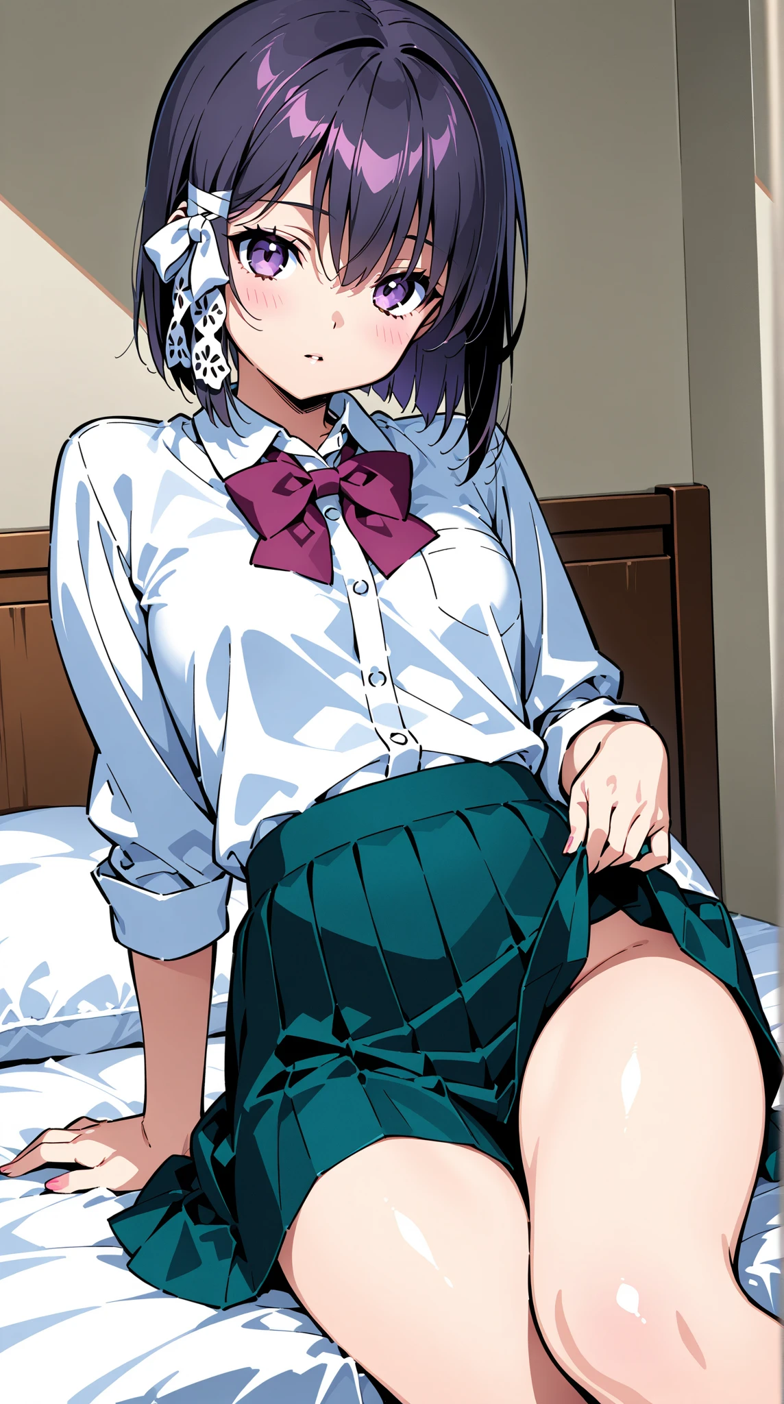 (Highest quality、masterpiece、、Highest quality、Hyperrealism、Ultra HD)、 (short hair:1.1)、(Elegant round glasses:1.2)、(A high school girl wearing a white blouse and a navy blue skirt:1.2)、(Navy Pleated Skirt:1.2)、(Red bow tie on chest:1.1)、Perfect Style、Perfect body line、Large Breasts、Perfect beautiful anime style、Smooth anime CG art、Standing Elegantly、(The simplest pure white background:1.2)、(Panties shot from below:1.3)、Spread your legs、(Open your crotch to show your panties:1.2)、Embarrassed expression、blush、Naturally beautiful thighs、The most natural navy pleated skirt