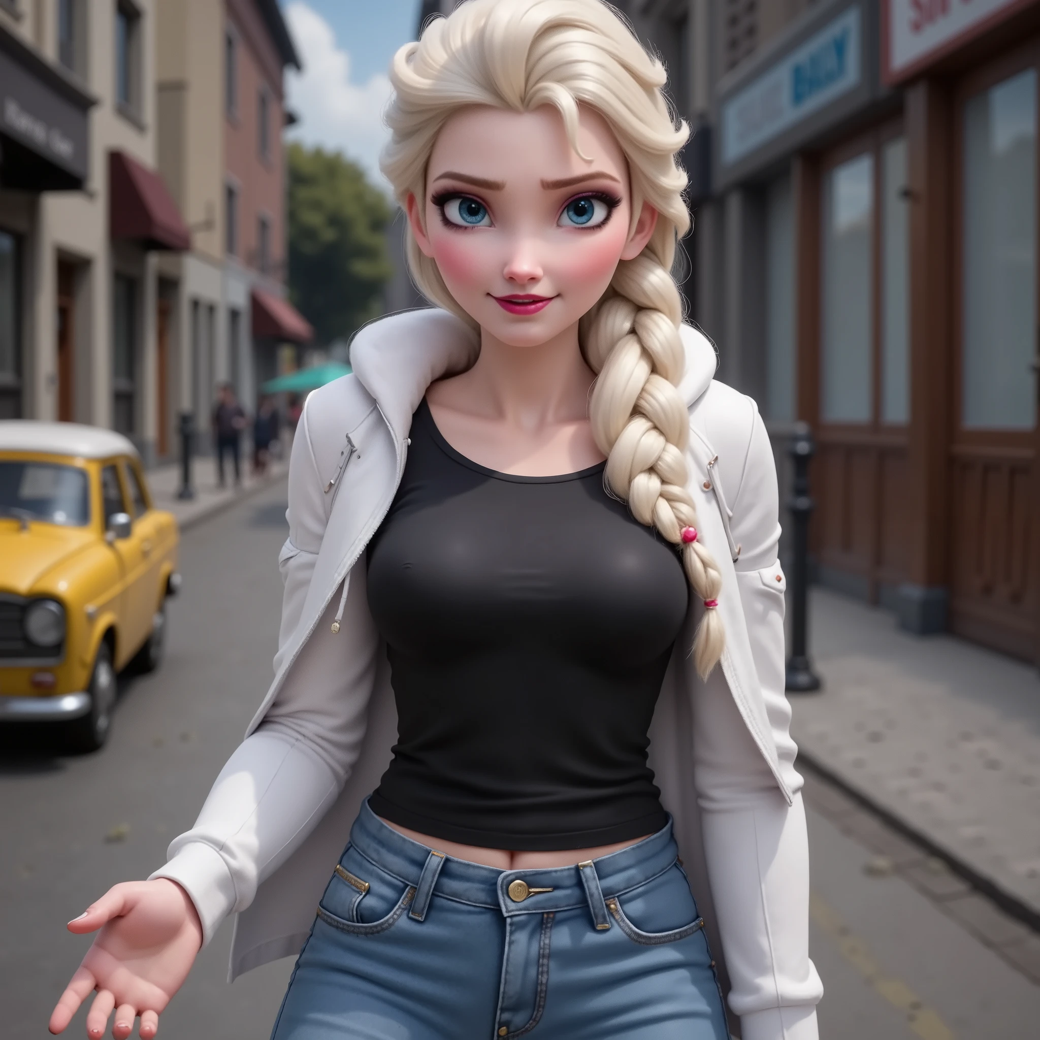 Elsa has a black shirt and white jacket, And she's wearing jeans..Get out