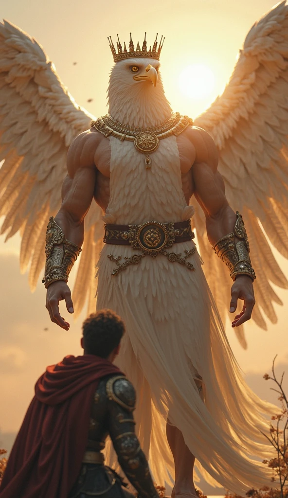Angel man with wings very large as the body. cuerpo completo. De pie sobre las nuves. Pintura digital