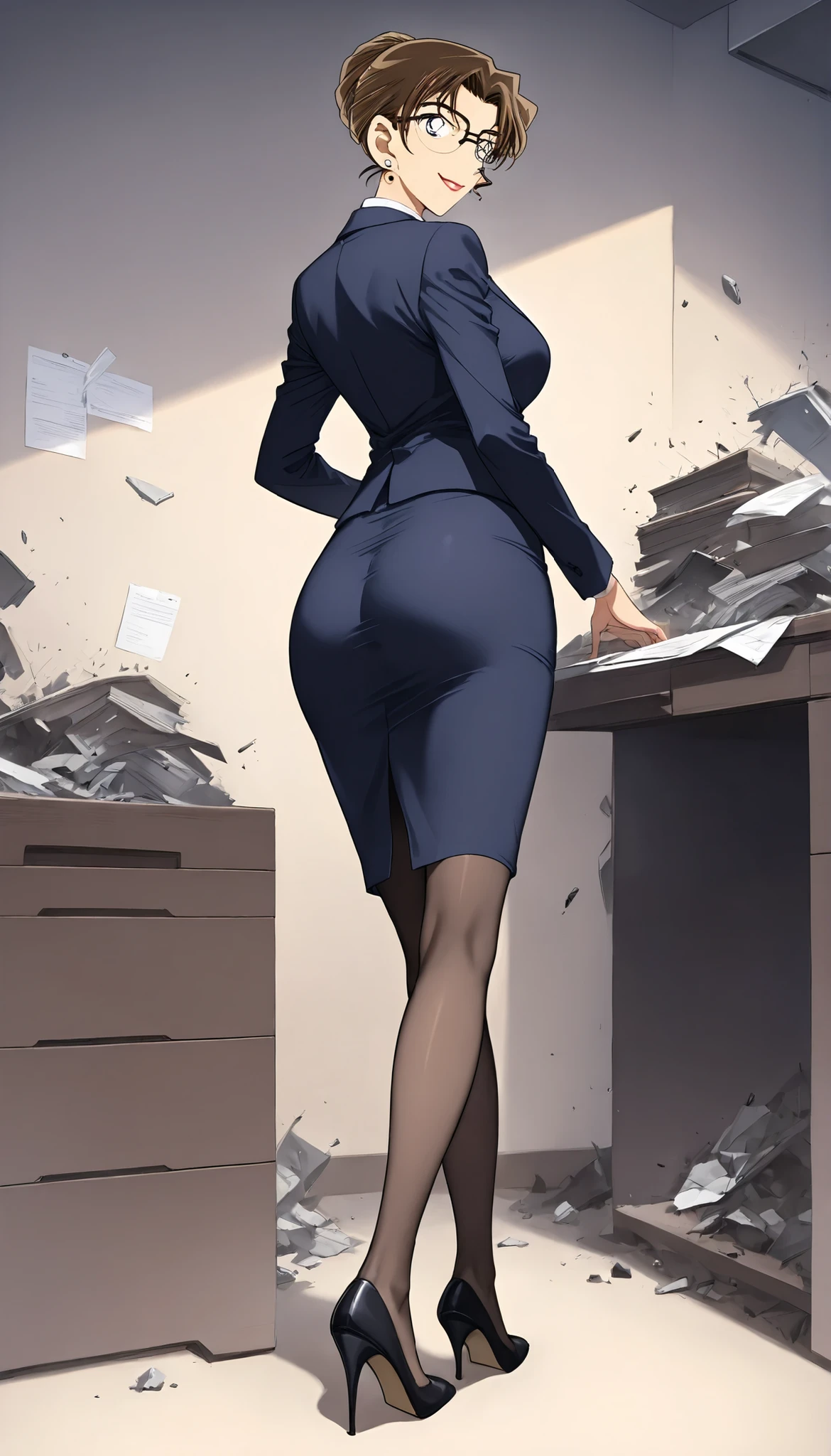 score_9, score_8_up, score_7_up,meitantei conan style,BREAK,1girl,solo,mature female,milf,kisaki eri, glasses, hair bun, single hair bun, brown hair, earrings, jewelry, lipstick, breasts, large breasts, medium breasts,BREAK,closed clothes,(suit,long tight Skirt),black panties,thong, black garter belt,black garter hose,high heels,BREAK,smile,standing,BREAK,indoor, President's office,full body,back view