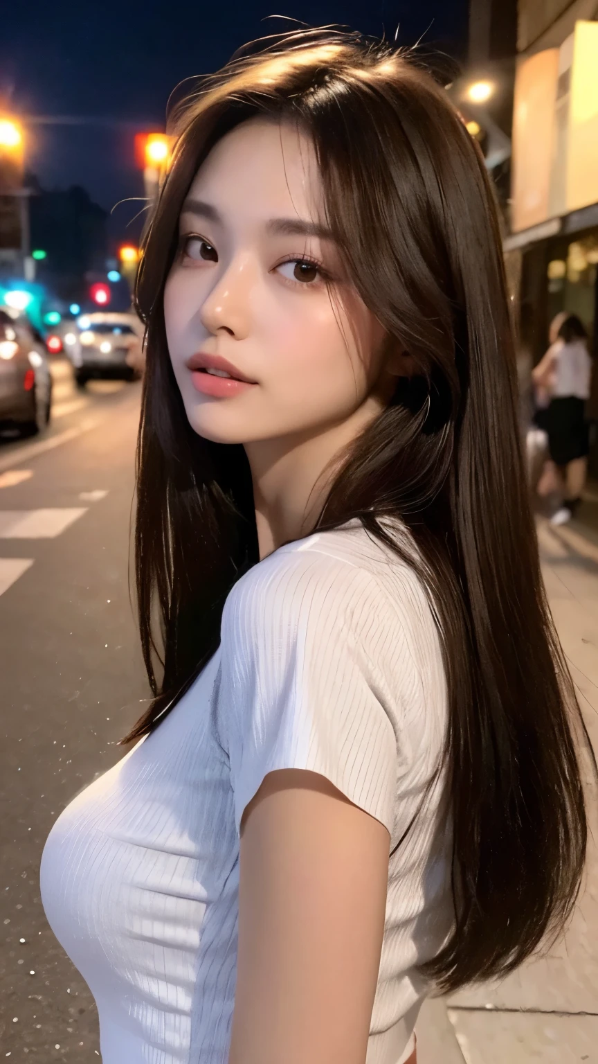 ((Best Quality, 8K, Masterpiece: 1.3)), Sharp: 1.2, Perfect Body Beauty: 1.4, Slim Abs: 1.2, ((Layered Hairstyle, Big Breasts: 1.2)), (Wet White Button Long Shirt: 1.1), (Rain, Street: 1.2), Wet: 1.5, Highly detailed face and skin texture, detailed eyes, double eyelids, side face looking at the camera