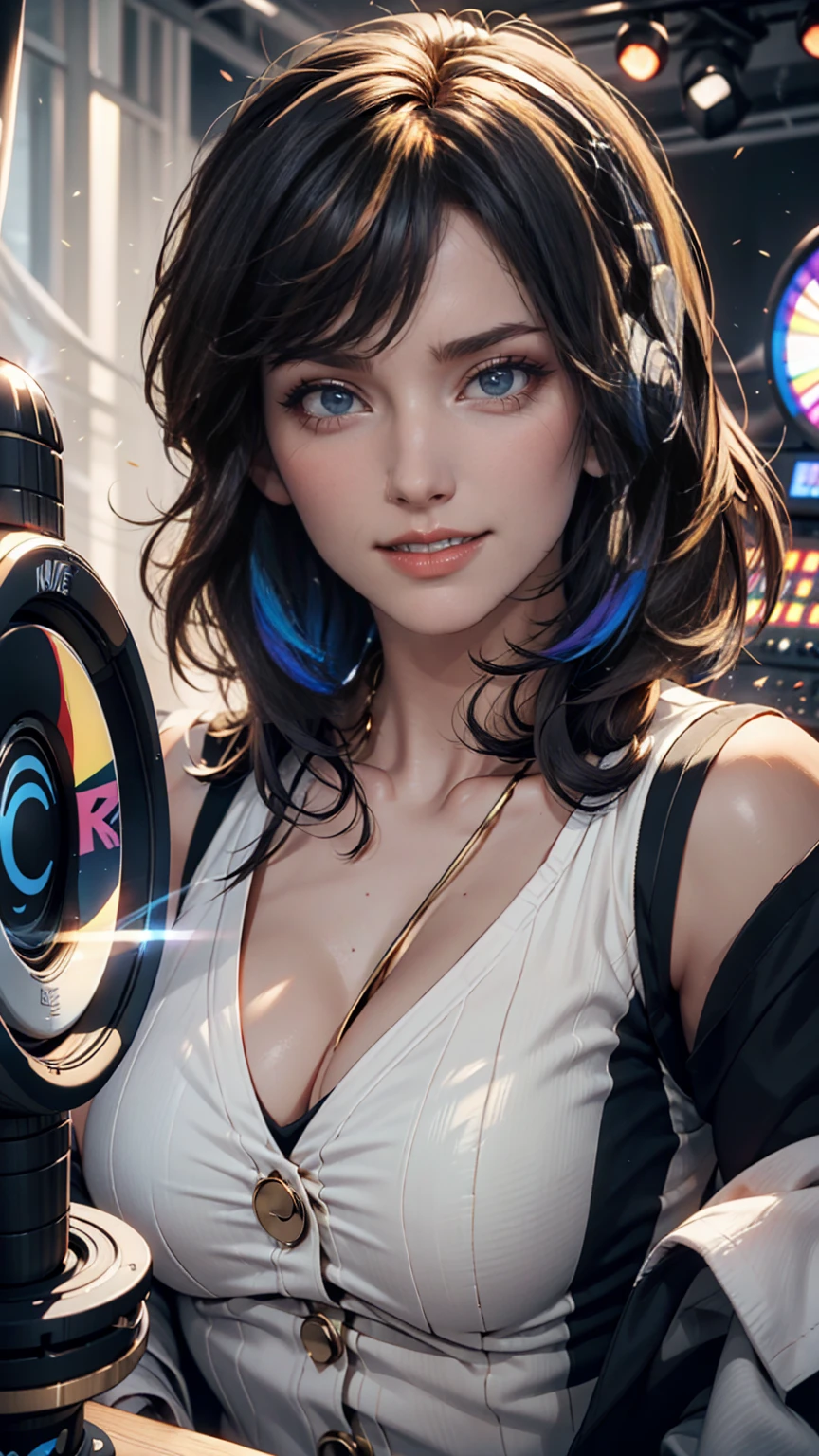 4K, A high resolution, Best quality at best, masterpiece, perfect colors, perfect shadow, perfect litthing, ((sportrait)), 1woman, fit body, heterochromia eyes,dark blue hair , blue eyes, With round lenses, The audience watched carefully, (s face: 1.2), Perfect female figure, ((dynamic pose)), ((greenTight crop top, half breast open, greenleather suit)), ((shy and looking at viewert)), (Perfect thick white eyebrows) Delicate fur, 详细s face, s the perfect face, , (retro arcade game background), ((Bonifasko lighting)), (The round lenses on his eyes)(detailed eyes), (Face close up), Perfect student,