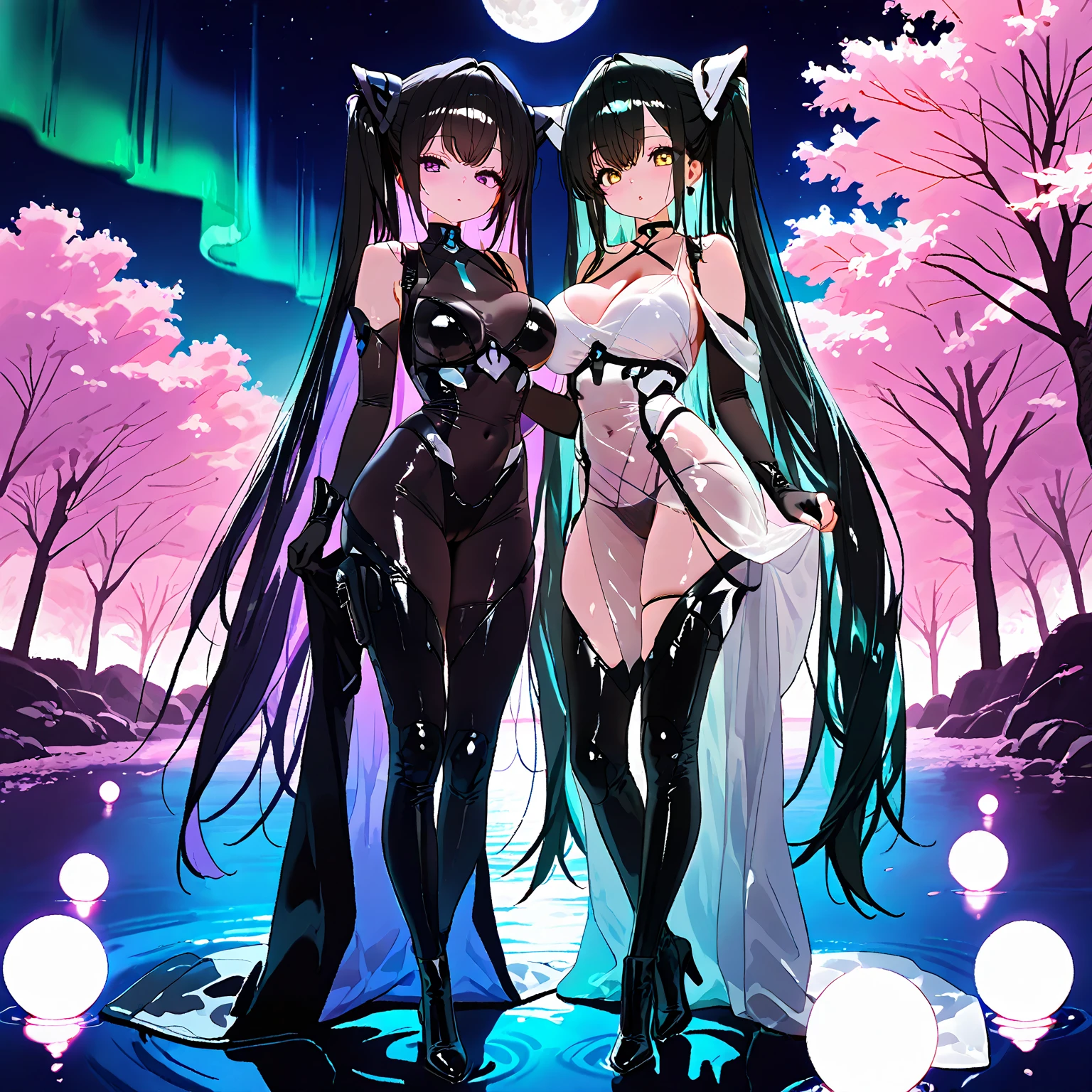 Two girls hugging each other、love，Magic Kiss，Sticky，Red lips，Fox ears，(8k、Highest image quality、best quality、masterpiece)、Black latex bikini cheongsam，Lily headdress，slim，Large Breasts，Extremely detailed facial details, handcuffs，collar，Black long hair, Charming red eyes, Fox ears, Ridiculously big, glowing skin,Kneeling on the grass，forest，Flowers