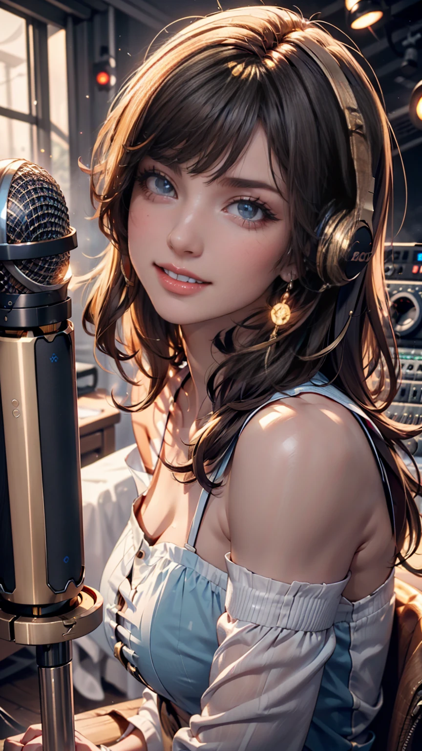 girl in white bikini holding a microphone in a recording studio, small cleavage, beautiful detailed eyes, beautiful detailed lips, extremely detailed face and skin, long eyelashes, graceful pose, high quality, 8k, photorealistic, studio lighting, professional photography, warm color tone, dramatic lighting
