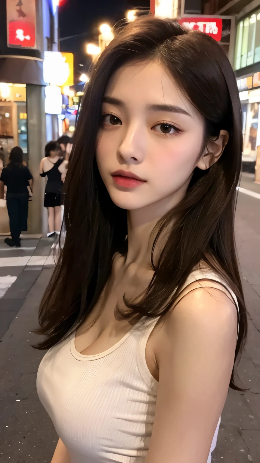 ((Best quality, 8k, Masterpiece :1.3)), Sharp focus :1.2, Perfect body beauty: 1.4, Slim abs: 1.2, ((Dark brown hair, Big breasts: 1.2)), (Natural light, City street: 1.1 ), highly detailed facial and skin textures, detailed eyes, double eyelids, (((Dynamic Angle)))