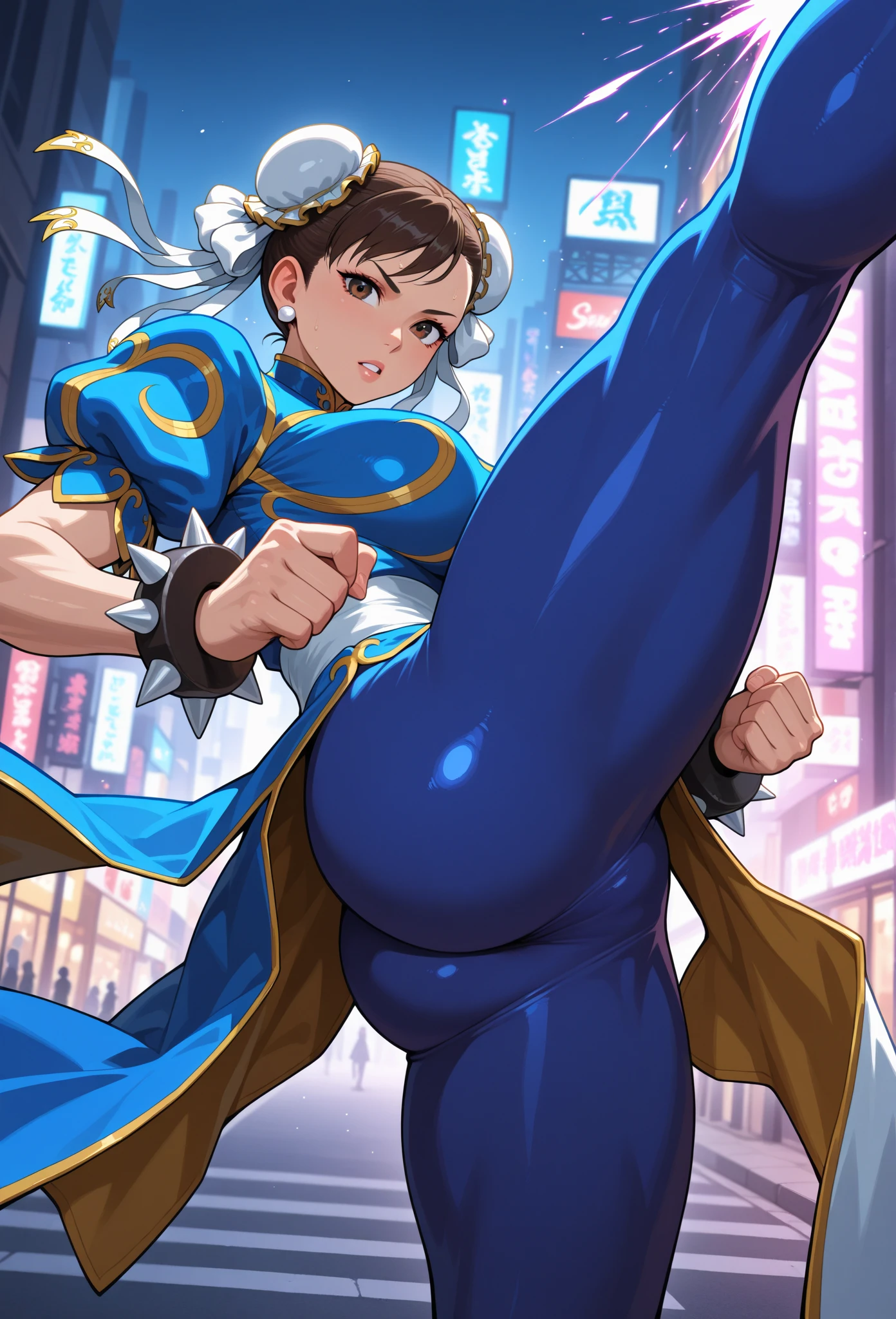 Chun-Li's Street Fighter masterpiece, nffsw, Small man's waist, Proportions of long legs, longeyelashes, Determined, White High Boots, Best light and shadow, Backup View, Capcom Style, Ultra HD, 8K, Real Skin, All bodies are water, Chun-Li's Signature Move, Black tights, Large watery eyes, High Nose Bridge, small mouth, Big breasts, There are a total of widths, Chun-Li's classic costumes, Mature, 30 years old, Full body, Around Splash, Kicking, On the streets of Shibuya, tokyo prefecture