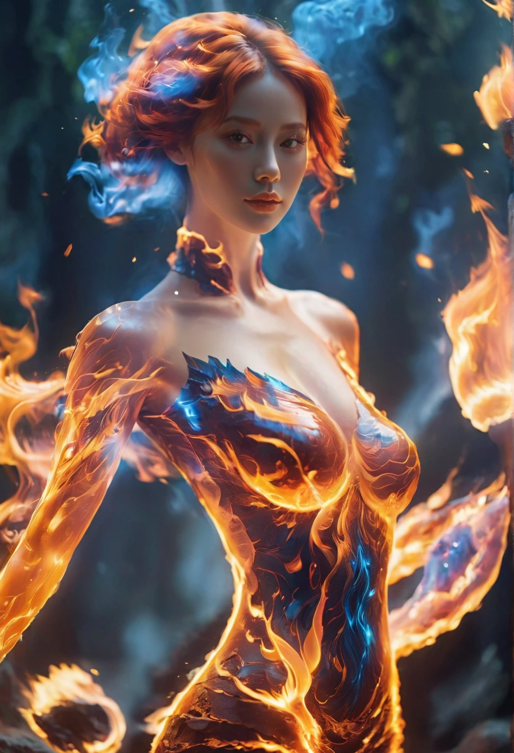 Girl playing with fire, ablaze with intensity, Glowing embers, Swirling smoke, Mesmerizing action, Flowing red hair, sparks flying, Fearless expression, Dark background, Intense lighting, Fiery atmosphere, dynamicposes, Dangerous beauty, Fascinating energy, Burning passion, Thrilling suspense, intense heat, Scorching flame, dramatic contrast, Smoky veil, fiery glow, Enchanting dance, Strong presence, Flashing shadows, Fiery artwork, Vibrant colors, blazing infero, Hypnotic flame, daring adventure, Her eyes shone with a blazing light, Heat waves, Glowing embers fall, Exhilarating performance, Blazing sparks in the night, adrenaline rush, Radiant warmth, Breathtaking spectacle, Raw intensity, Fiery passion is unleashed.