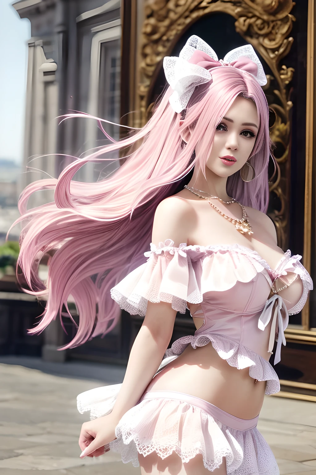 2D anime female character,white,com olhos verdes claros, and big pink hair,black gown
