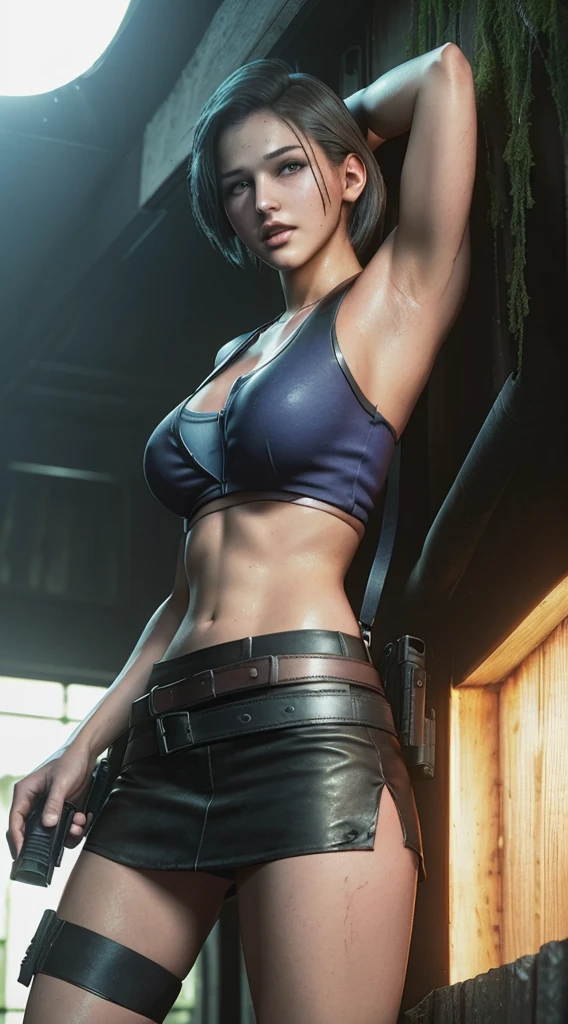 Jill Valentine from Resident Evil series clothes, standing, sitting, sexy beautiful face, doe shape eyes, full lips. slim body, breathtaking beauty, vibrant, comprehensive cinematic, 8k, cinematic lighting, best quality, 4k, very wet