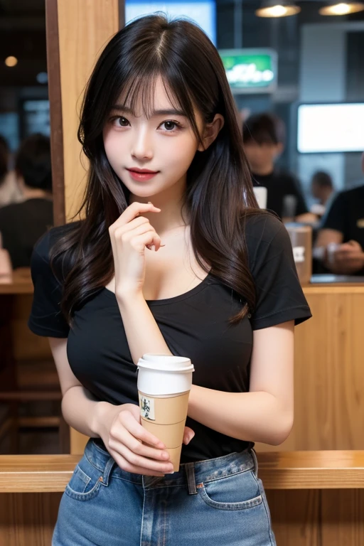 close-up of beautiful korean female, 34 inches breasts size, wearing punk tank top, pants, holding milk tea, at the luxury cafe, bokeh background, UHD