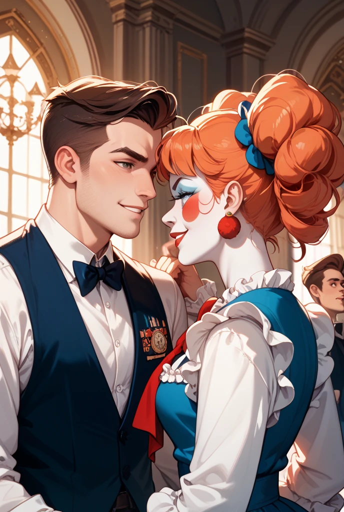 (8k, masterpiece, best quality, ultra-detailed, an extremely delicate and beautiful, official style, depth of field, highly detailed, very aesthetic, intricate, overall detail, perfect anatomy), simple backgoround, face-to-face, handshake BREAK (2boys, multiple boys:1.2), (1boy is Ronald McDonald, red hair, afro, facepaint, clown, white skin, black eyes, red lips, yellow gloves, yellow jumpsuit), BREAK (1boy is Colonel Sander, old man, grey hair, facial hair, glasses, white jacket, black bow), smile